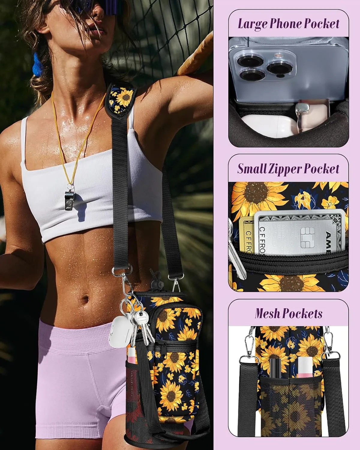 Water Bottle Holder Carrier Bag with Strap - Crossbody Sling for Walking with Phone Pocket Insulated for 32 24 oz
