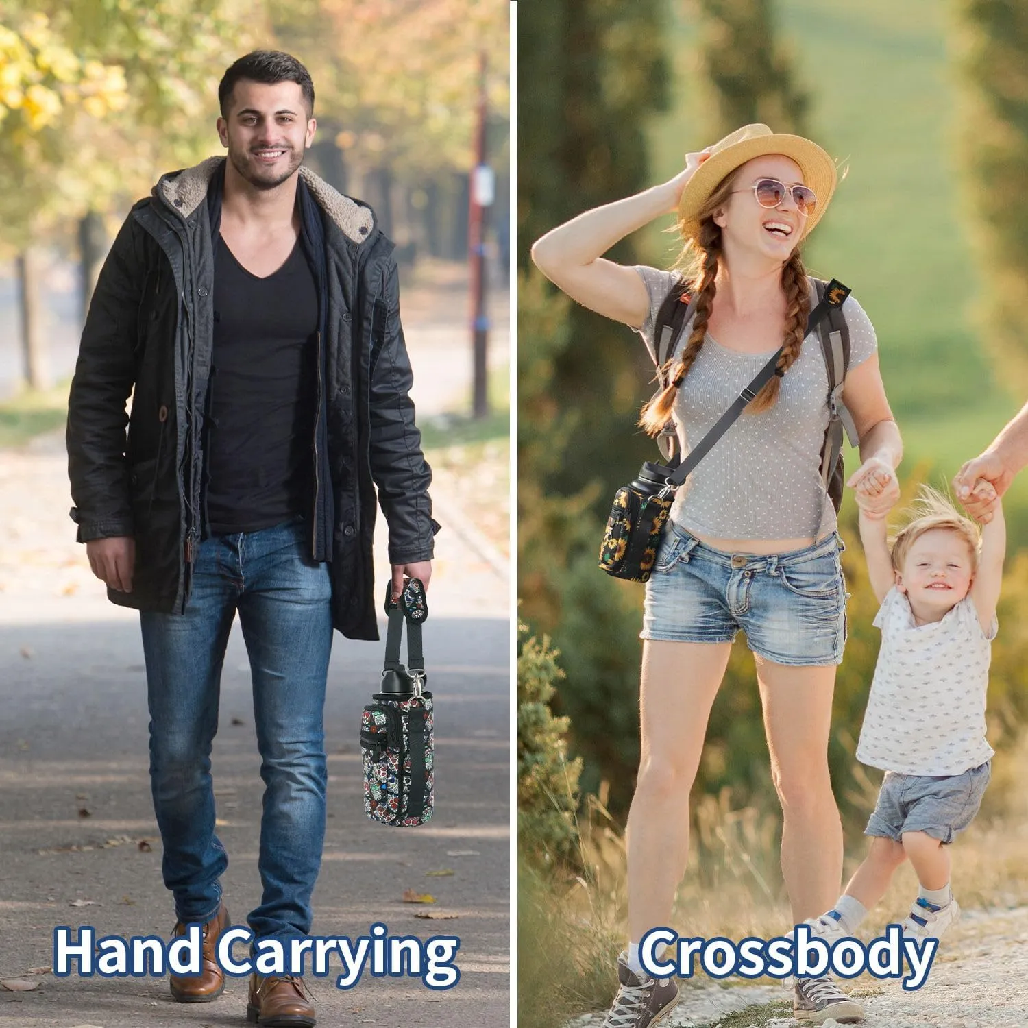Water Bottle Holder Sling Bag Sleeve Carrier 32oz 40oz 64oz, Insulated Crossbody Water Bottle Case Cover with Padded Strap and 2 Pockets for Walking Hiking Camping