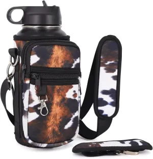 Water Bottle Holder Sling Bag Sleeve Carrier 32oz 40oz 64oz, Insulated Crossbody Water Bottle Case Cover with Padded Strap and 2 Pockets for Walking Hiking Camping