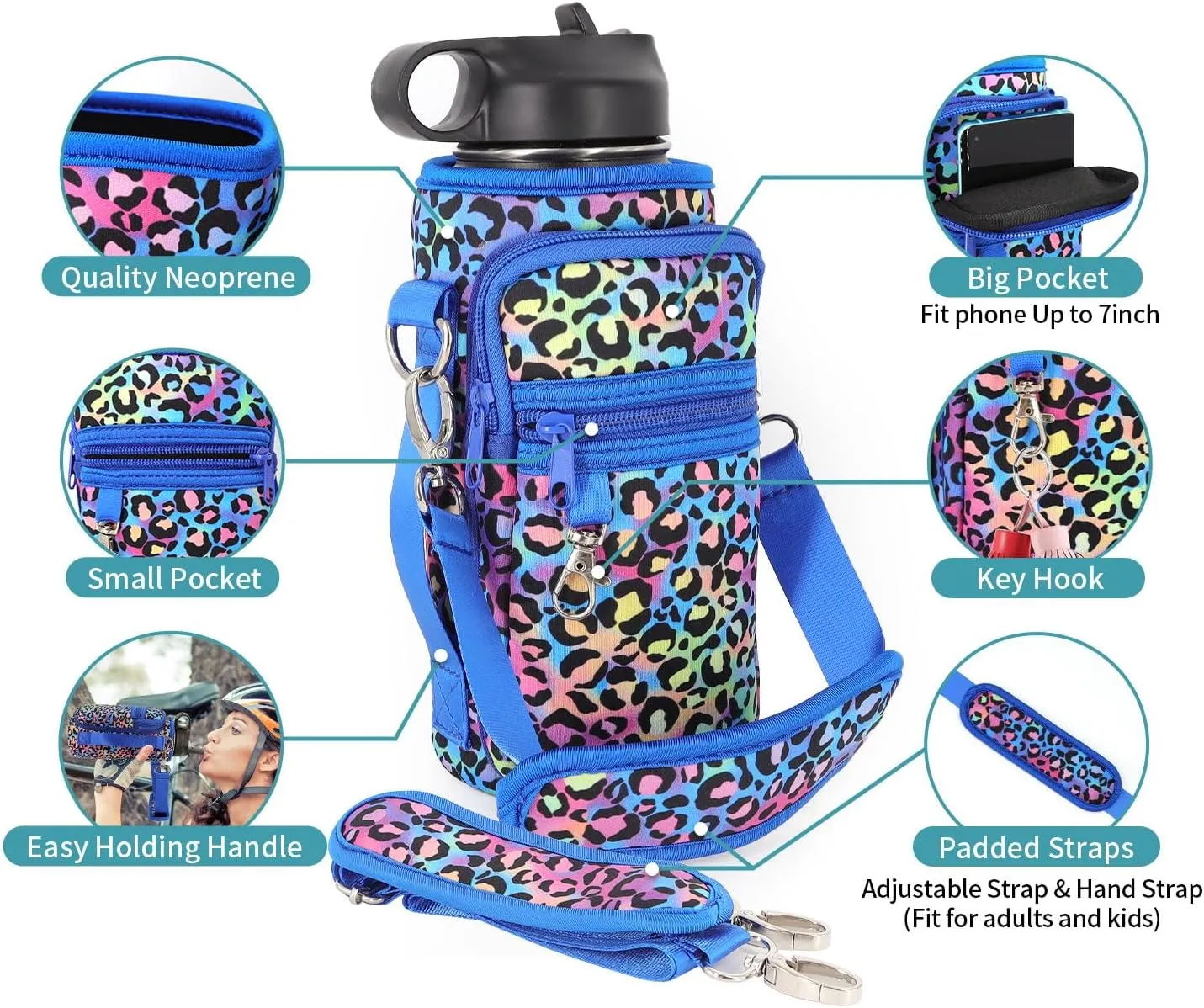 Water Bottle Holder Sling Bag Sleeve Carrier 32oz 40oz 64oz, Insulated Crossbody Water Bottle Case Cover with Padded Strap and 2 Pockets for Walking Hiking Camping