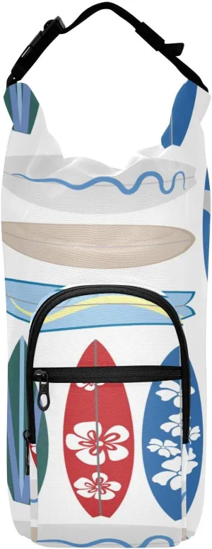 Water Bottle Sling Sleeve Bag, Bottle Carrier Holder Case Cover with Removable Strap Travel Mug Cup Storage with Pockets Print Sea Surfing Surfboards in Retro Colors Pattern