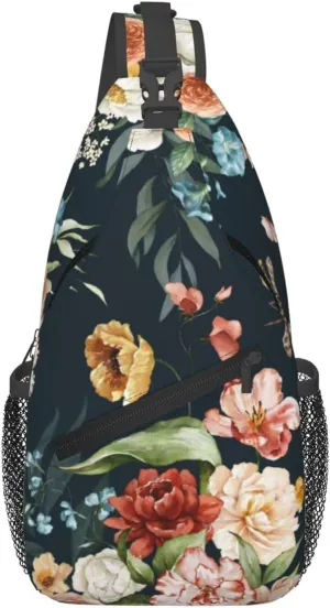 Watercolor Floral Pattern Sling Bag Crossbody Backpack,Nice Blush Flower Green Leaves Branches Chest Bag Casual Shoulder Backpack Colorful Flowers Sports Travel Hiking Daypack for Women Men