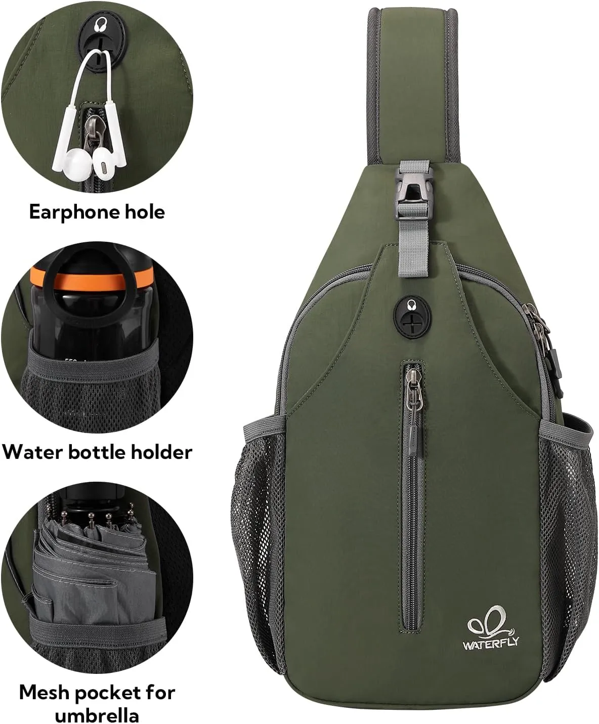 WATERFLY Crossbody Sling Backpack Sling Bag Travel Hiking Chest Bag Daypack