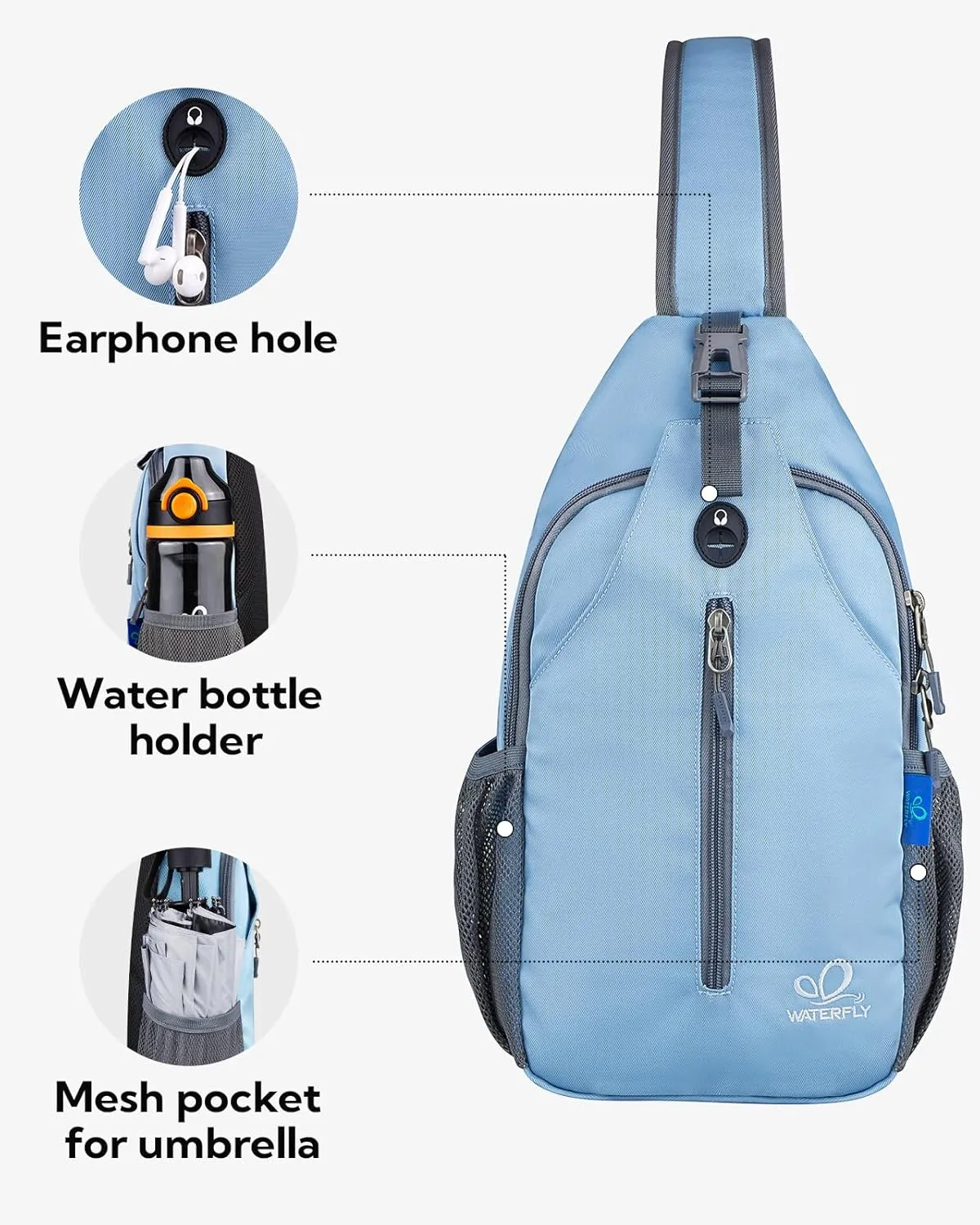 WATERFLY Crossbody Sling Backpack Sling Bag Travel Hiking Chest Bag Daypack