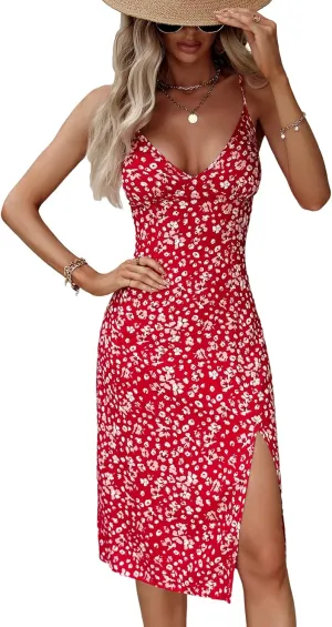 WDIRARA Women's Floral Print Tie Shoulder Split Thigh Sleeveless Boho Cami Dress