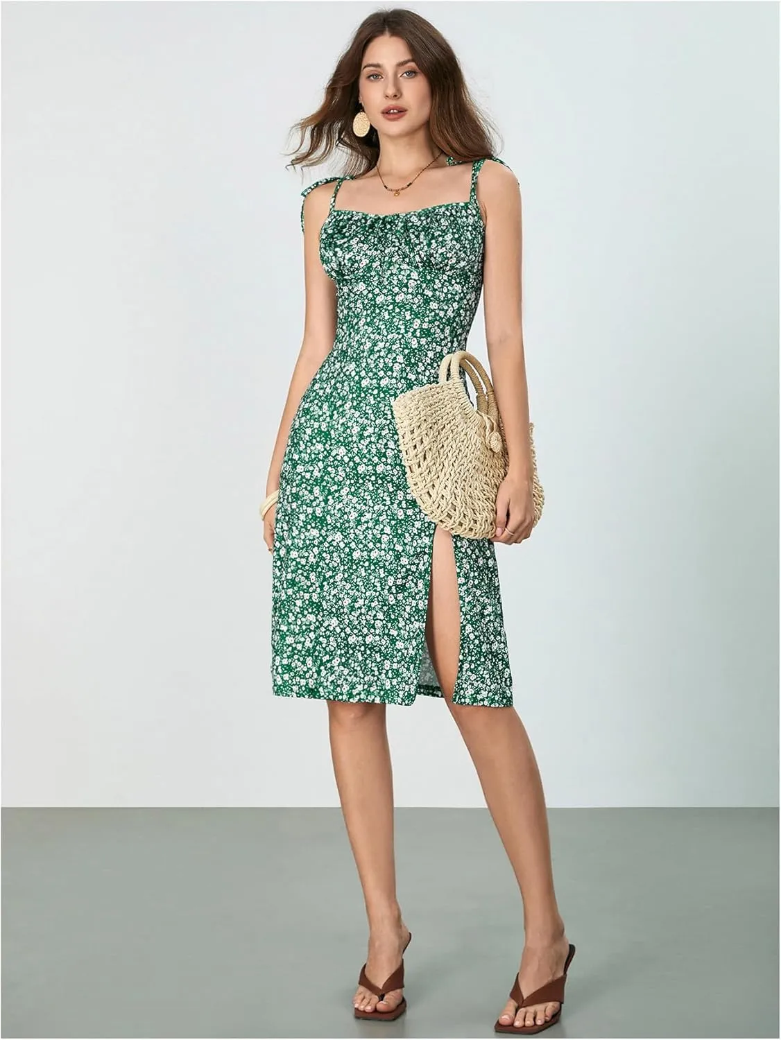 WDIRARA Women's Floral Print Tie Shoulder Split Thigh Sleeveless Boho Cami Dress