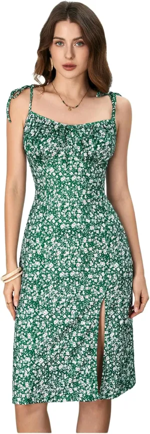 WDIRARA Women's Floral Print Tie Shoulder Split Thigh Sleeveless Boho Cami Dress