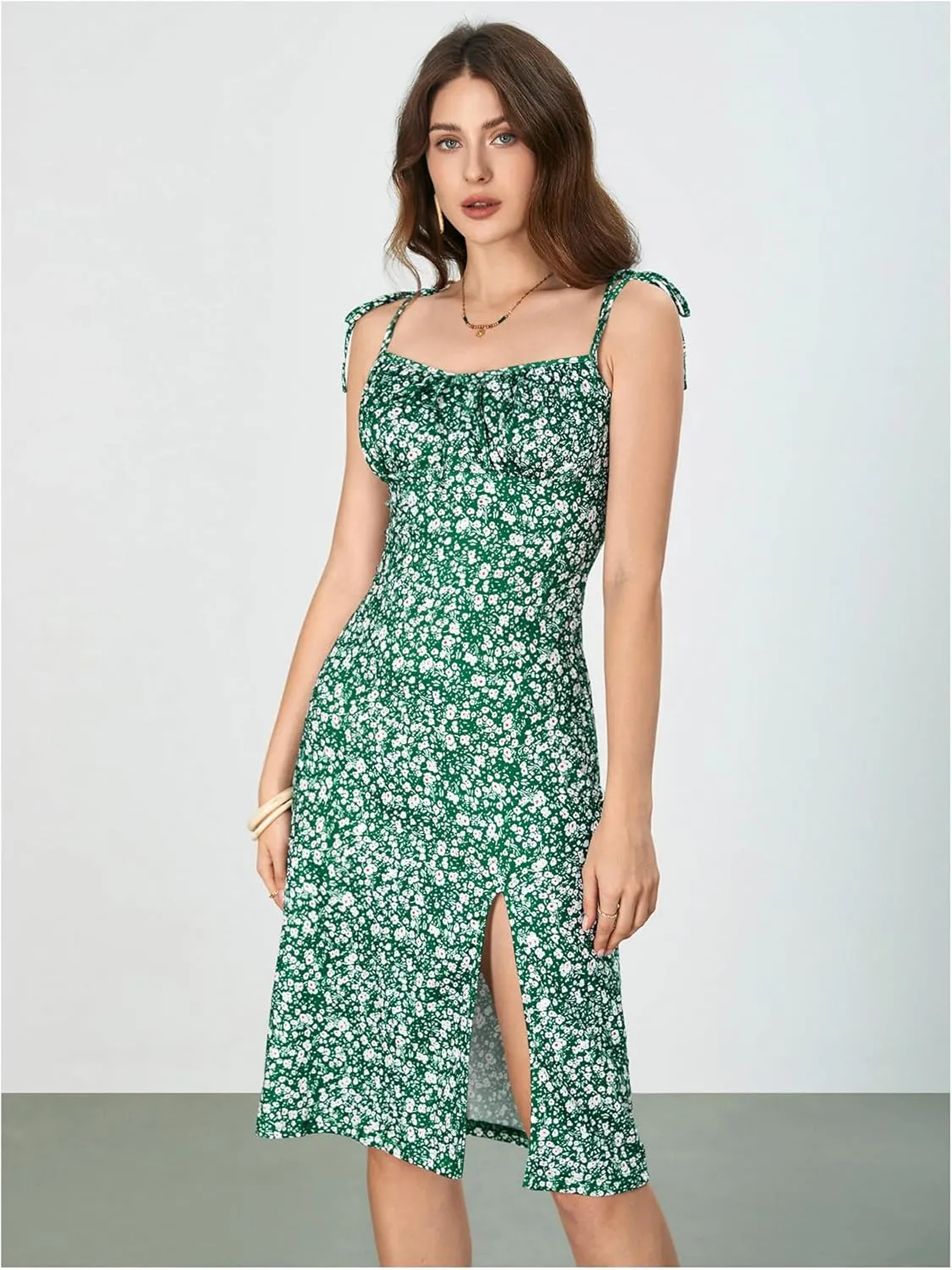 WDIRARA Women's Floral Print Tie Shoulder Split Thigh Sleeveless Boho Cami Dress