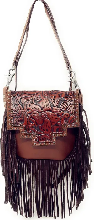 Western Genuine Leather Floral Tooled Fringe Womens Crossbody Bag 3 Color