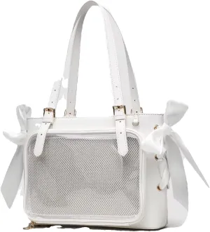 white ita bag display tote | clear front pocket | removable mesh insert | silk bow details | spacious shoulder bag for pins, plushies, collectibles, display purse