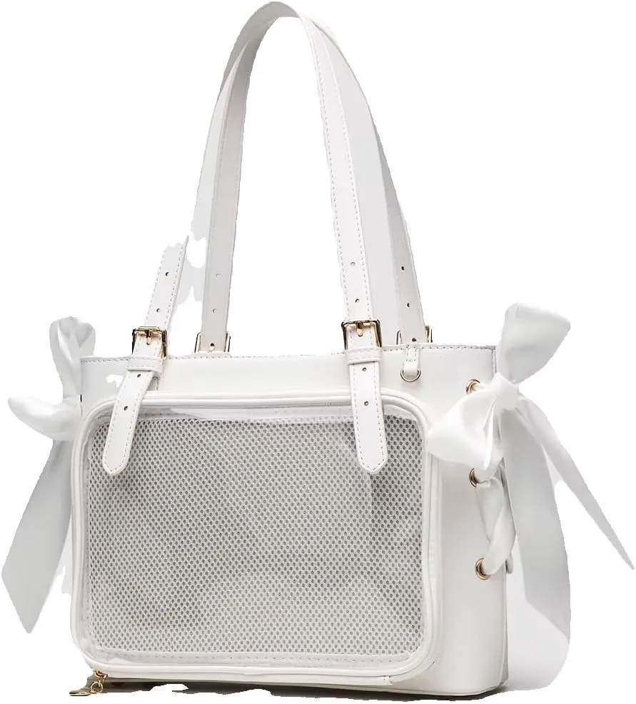 white ita bag display tote | clear front pocket | removable mesh insert | silk bow details | spacious shoulder bag for pins, plushies, collectibles, display purse