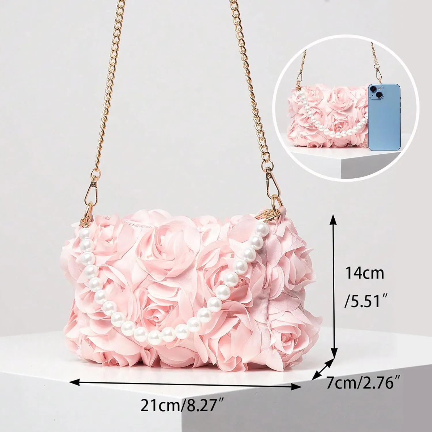 Women Clutches Purse, Chiffon 3D Floral Evening Handbag, Pearl Beaded Top Handle Bag for Wedding, Prom, Party