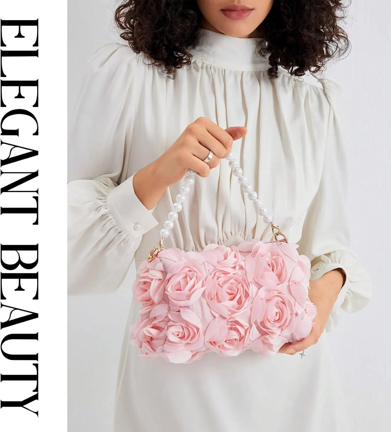 Women Clutches Purse, Chiffon 3D Floral Evening Handbag, Pearl Beaded Top Handle Bag for Wedding, Prom, Party