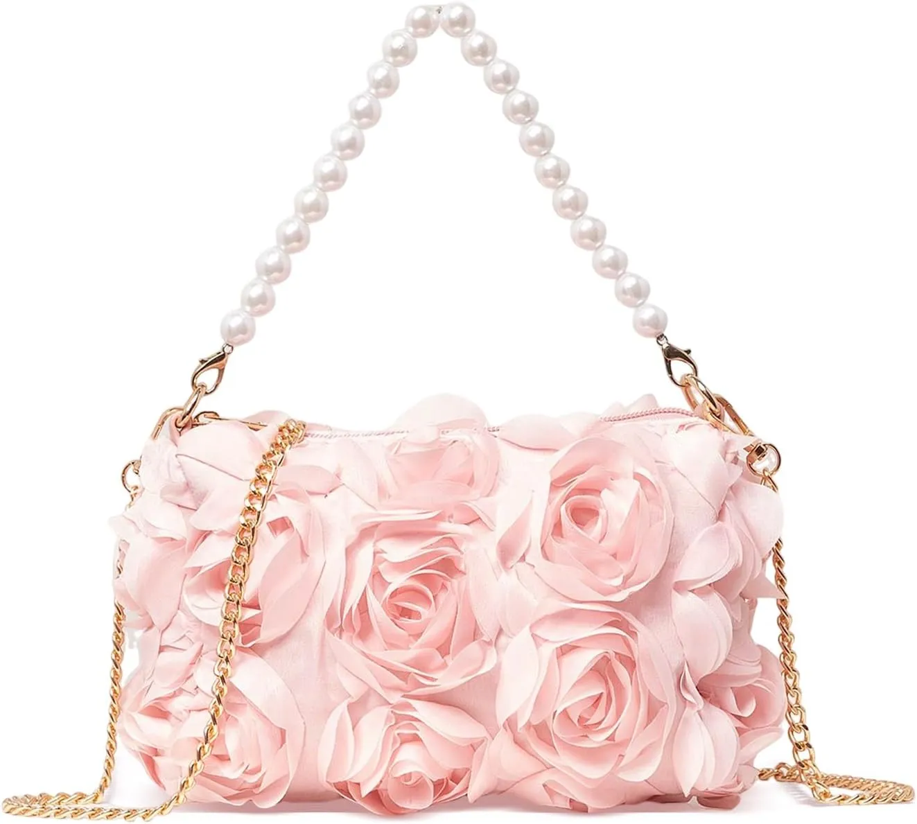 Women Clutches Purse, Chiffon 3D Floral Evening Handbag, Pearl Beaded Top Handle Bag for Wedding, Prom, Party