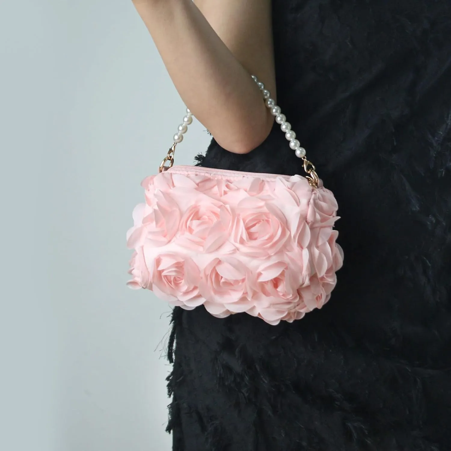 Women Clutches Purse, Chiffon 3D Floral Evening Handbag, Pearl Beaded Top Handle Bag for Wedding, Prom, Party