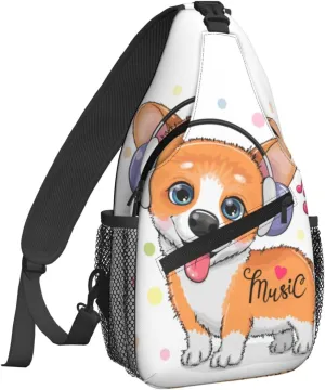 Women corgi dog music Crossbody Sling Backpack for Men Chest Bag Shoulder Bag Lightweight One Strap Backpack Travel Outdoor Daypack
