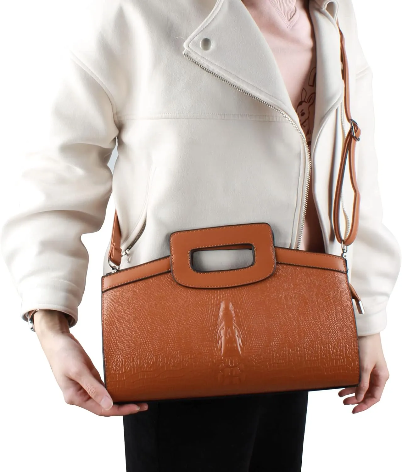 Women Crocodile Embossed Handbag Vintage Flap Tote Purse Evening Clutch Shoulder Bag