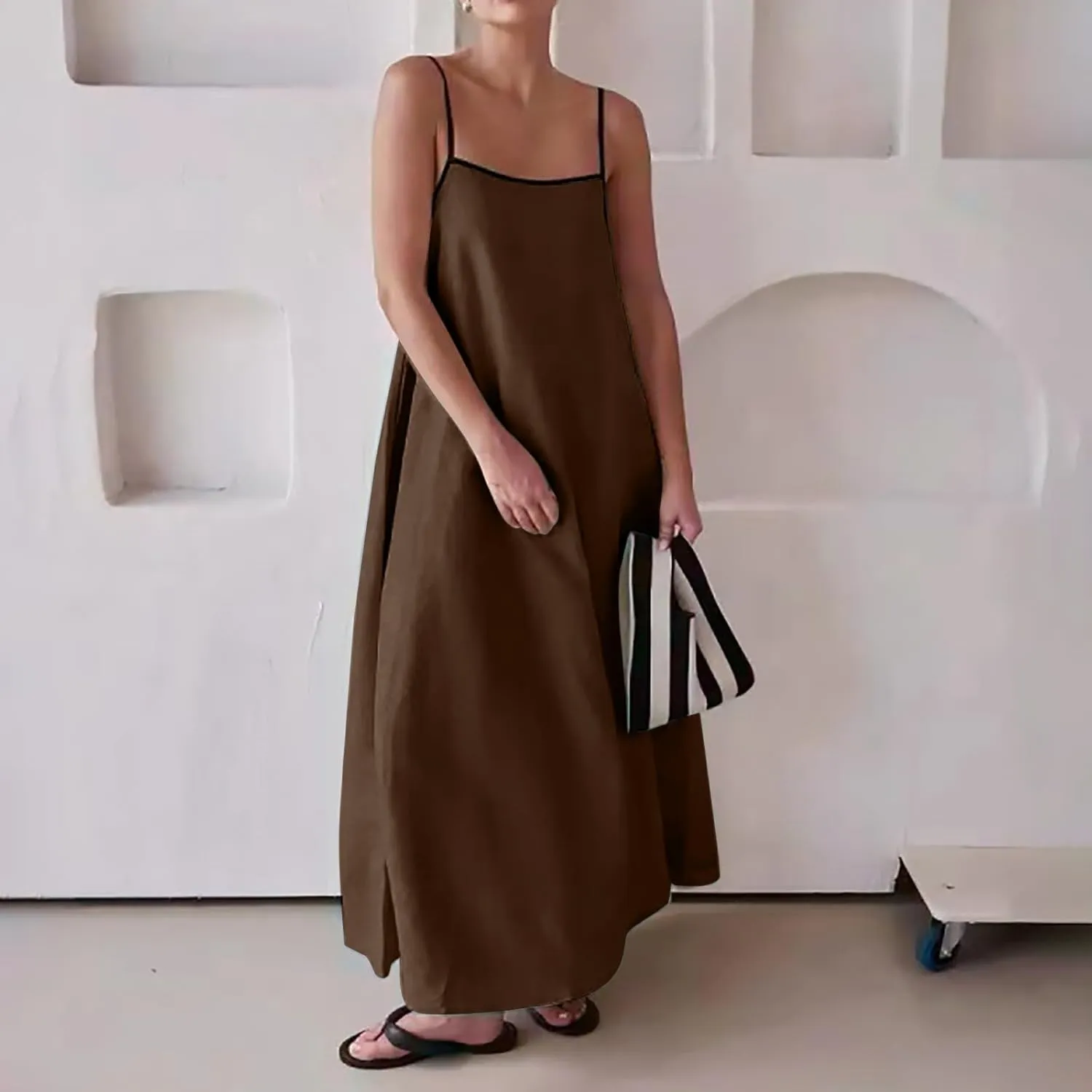 Women Cute Print Maxi Cami Dress Loose Sleeveless Spaghetti Strap Boho Dress Flowy Long Aline Beach Vacation Sun Dress