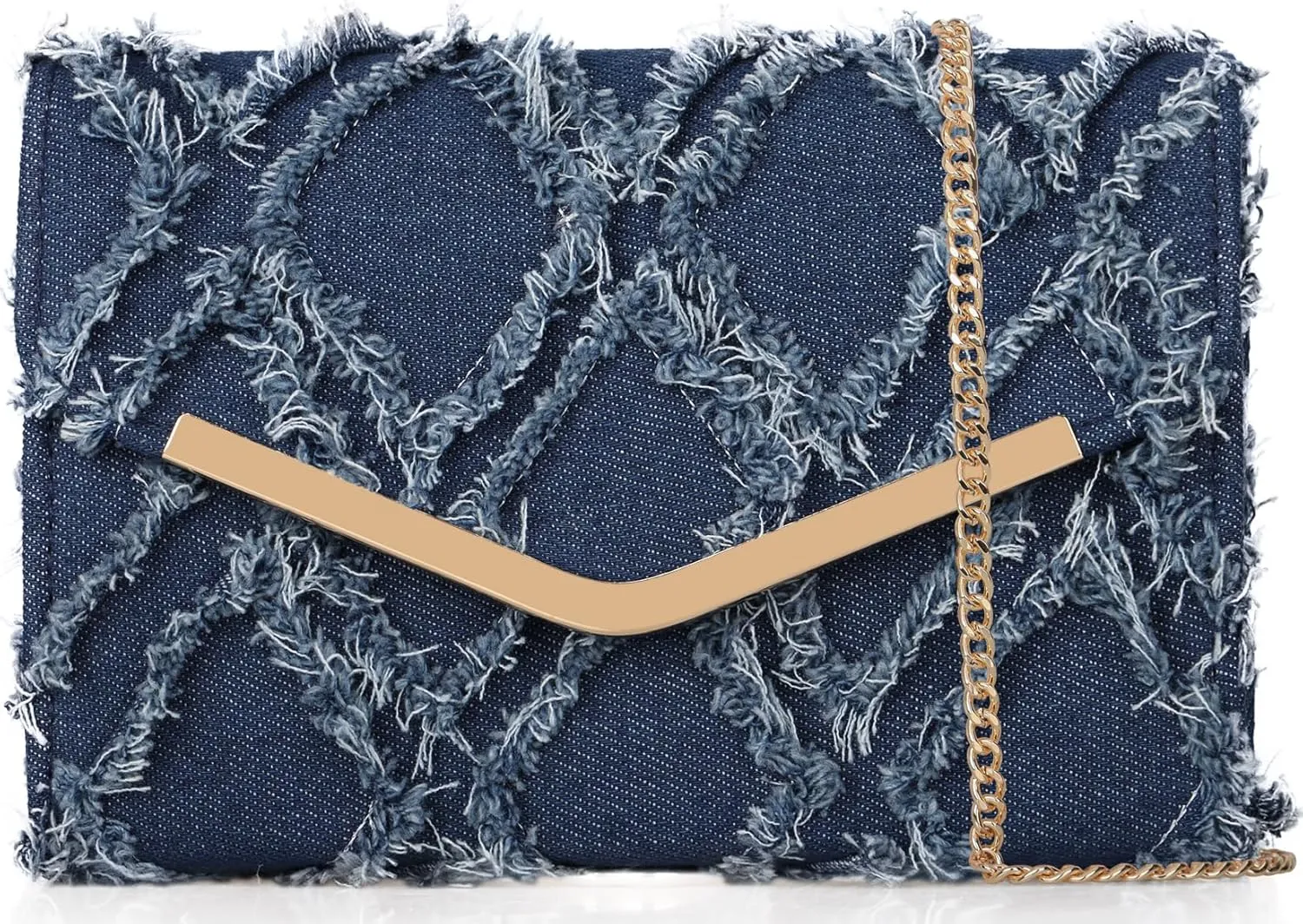 Women Evening Bag Distressed Jean Denim Foldover Clutch Purse Cocktail Prom Party Formal Envelope Crossbody Handbag