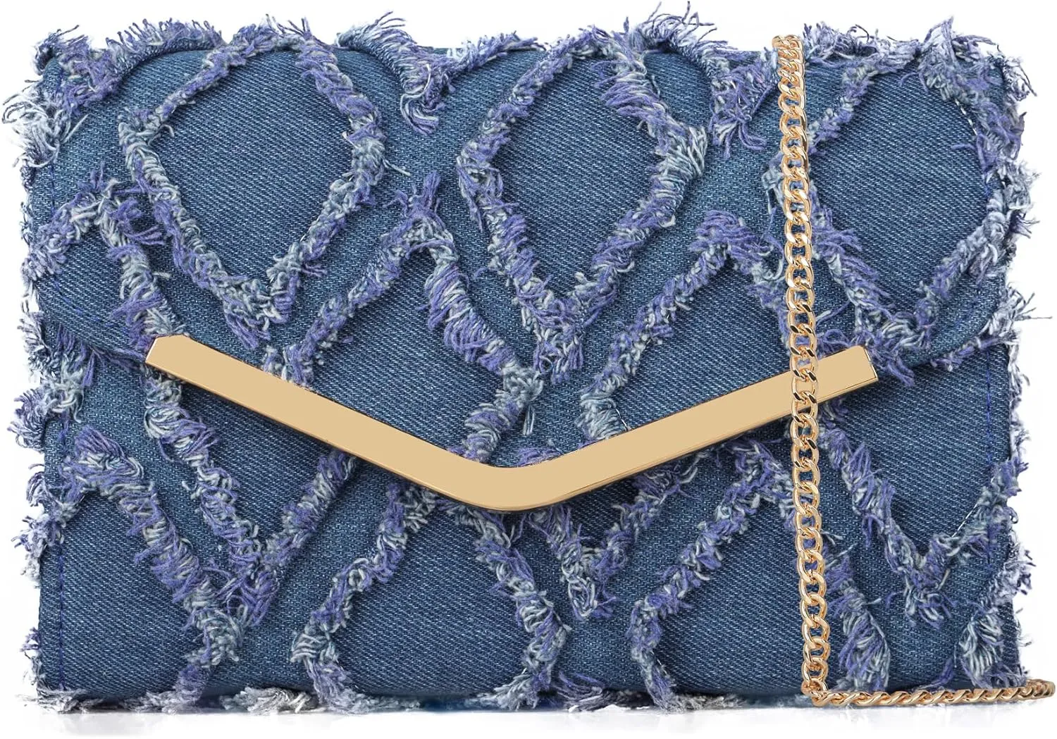 Women Evening Bag Distressed Jean Denim Foldover Clutch Purse Cocktail Prom Party Formal Envelope Crossbody Handbag