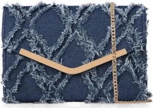 Women Evening Bag Distressed Jean Denim Foldover Clutch Purse Cocktail Prom Party Formal Envelope Crossbody Handbag