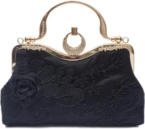 Women Evening Bag Floral Embroidery Clutch Bag Vintage Handbag Bridal Wedding Purse Elegant Shoulder Bag