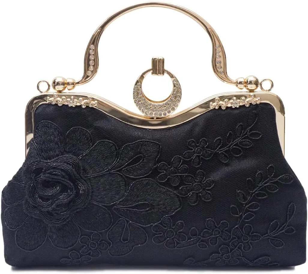 Women Evening Bag Floral Embroidery Clutch Bag Vintage Handbag Bridal Wedding Purse Elegant Shoulder Bag