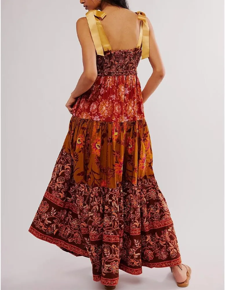 Women Floral Maxi Dress Sleeveless Tie Shoulder Bohemian Flowy Smocked Dresses Casual Summer Sundress with Pockets
