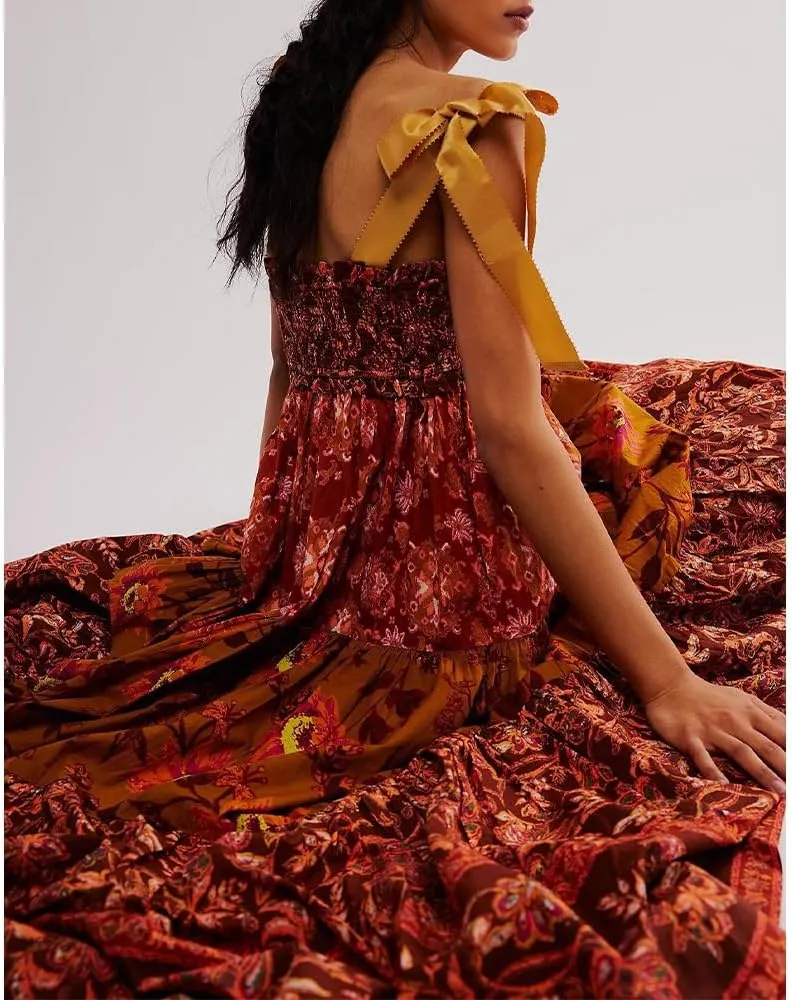 Women Floral Maxi Dress Sleeveless Tie Shoulder Bohemian Flowy Smocked Dresses Casual Summer Sundress with Pockets