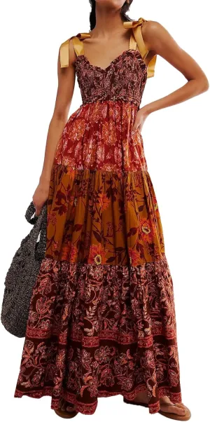 Women Floral Maxi Dress Sleeveless Tie Shoulder Bohemian Flowy Smocked Dresses Casual Summer Sundress with Pockets
