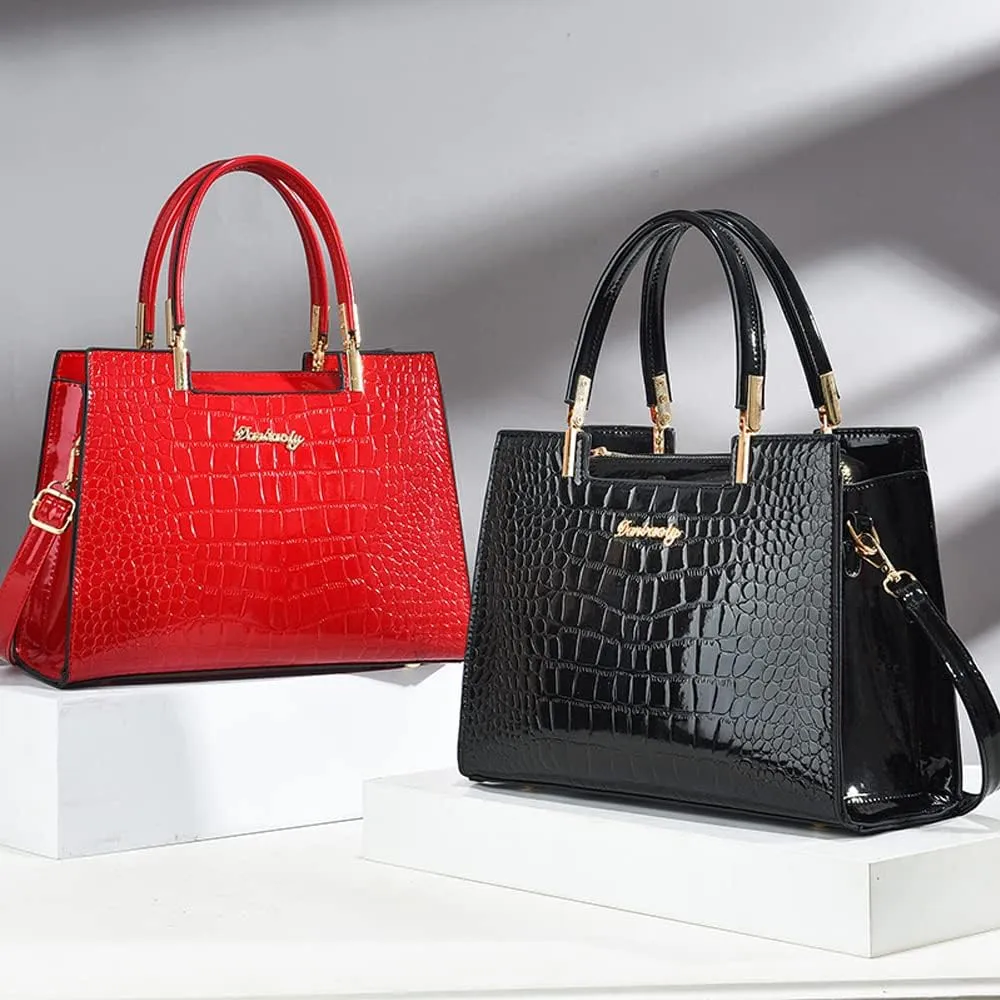 Women handbags Purse Shiny Patent Leather Crocodile Pattern Top Handle Handbag Satchel Bags Zipper Medium Tote Bag