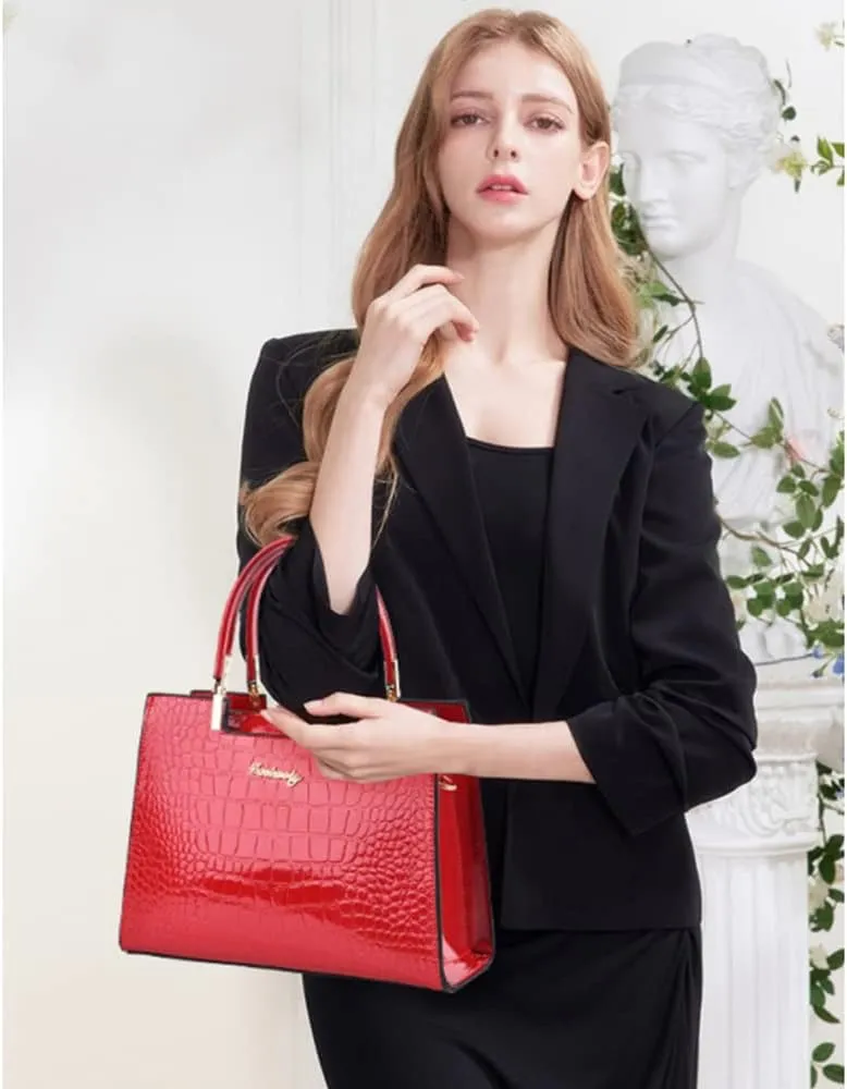 Women handbags Purse Shiny Patent Leather Crocodile Pattern Top Handle Handbag Satchel Bags Zipper Medium Tote Bag