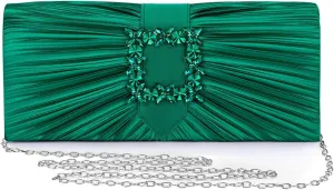 Women Pleated Satin Rhinestone Brooch Evening Bags Prom Clutch Purse With Detachable Chain Strap