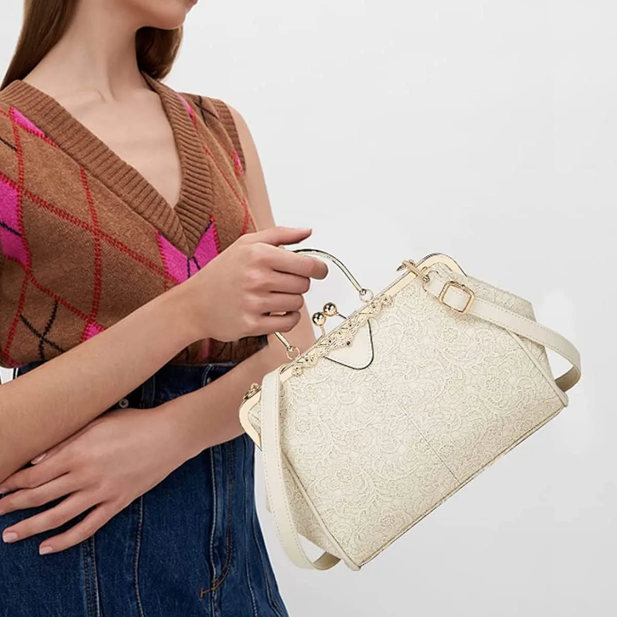 Women Retro Embossing Leather Handbag Multiple Collocations Tote Bag Kiss Lock Messenger Bag Hardware Handle Purse