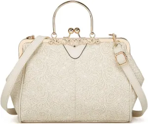 Women Retro Embossing Leather Handbag Multiple Collocations Tote Bag Kiss Lock Messenger Bag Hardware Handle Purse