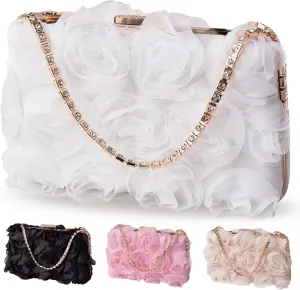 Women Rose Clutch, Evening Bag with Chain, Floral Purse for Wedding, Prom, Party