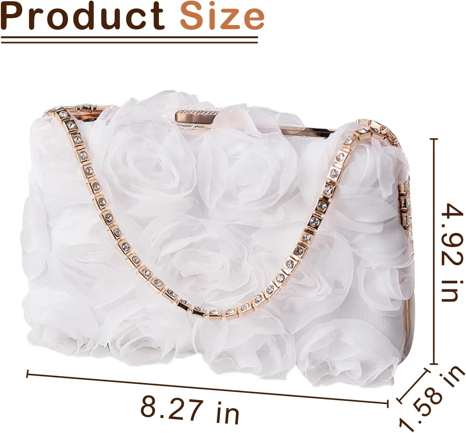 Women Rose Clutch, Evening Bag with Chain, Floral Purse for Wedding, Prom, Party