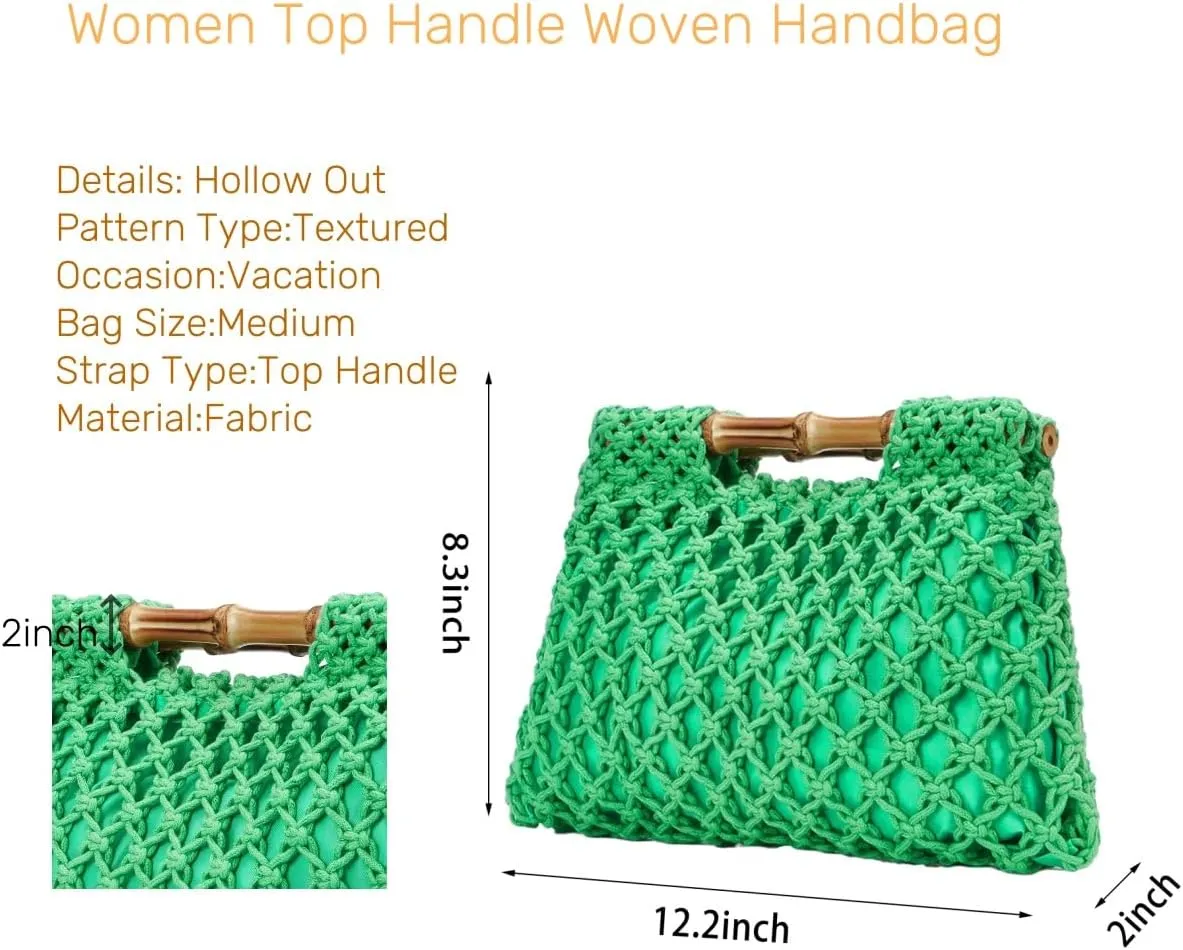 Women Straw Woven Mesh Handbag Bamboo Handbag Trendy Summer Travel Seaside Beach Vacation Totes Bag