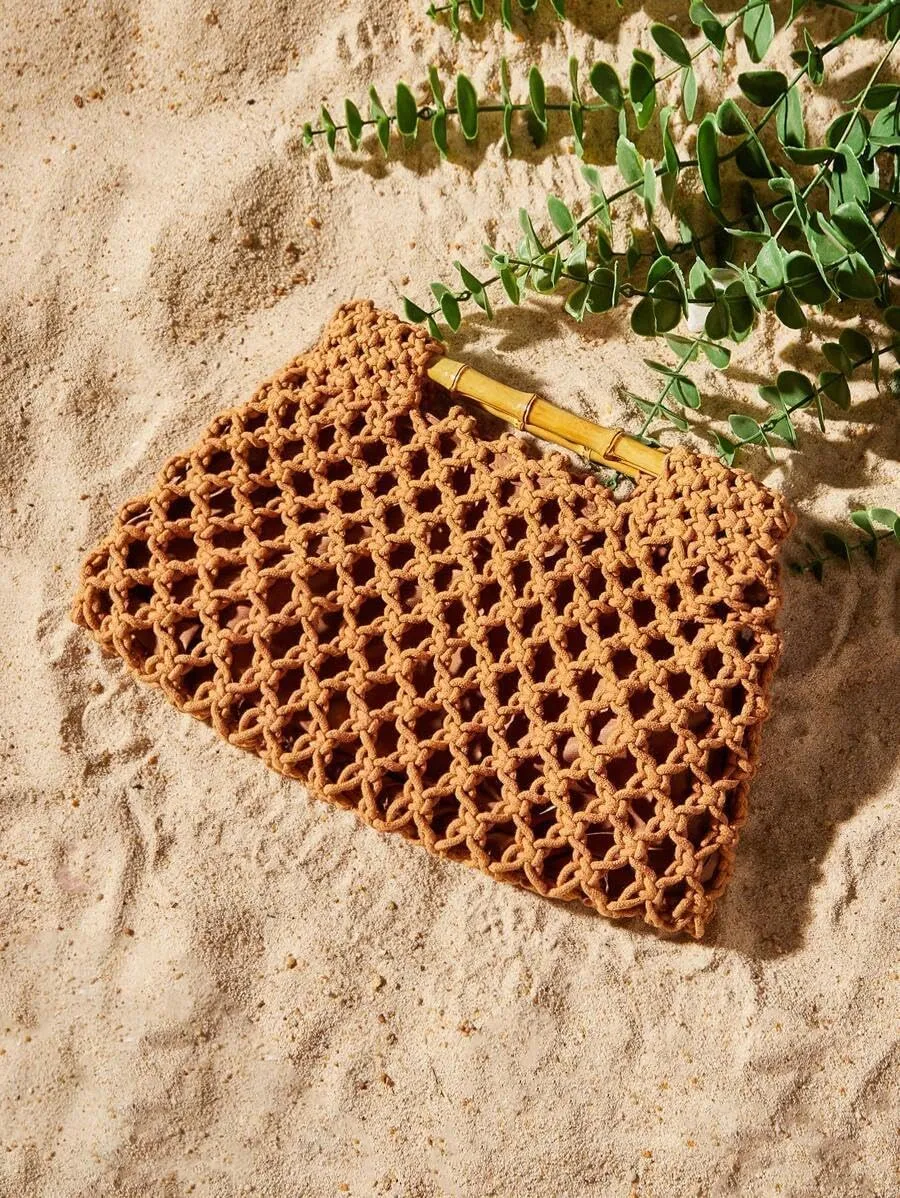 Women Straw Woven Mesh Handbag Bamboo Handbag Trendy Summer Travel Seaside Beach Vacation Totes Bag