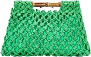 Women Straw Woven Mesh Handbag Bamboo Handbag Trendy Summer Travel Seaside Beach Vacation Totes Bag