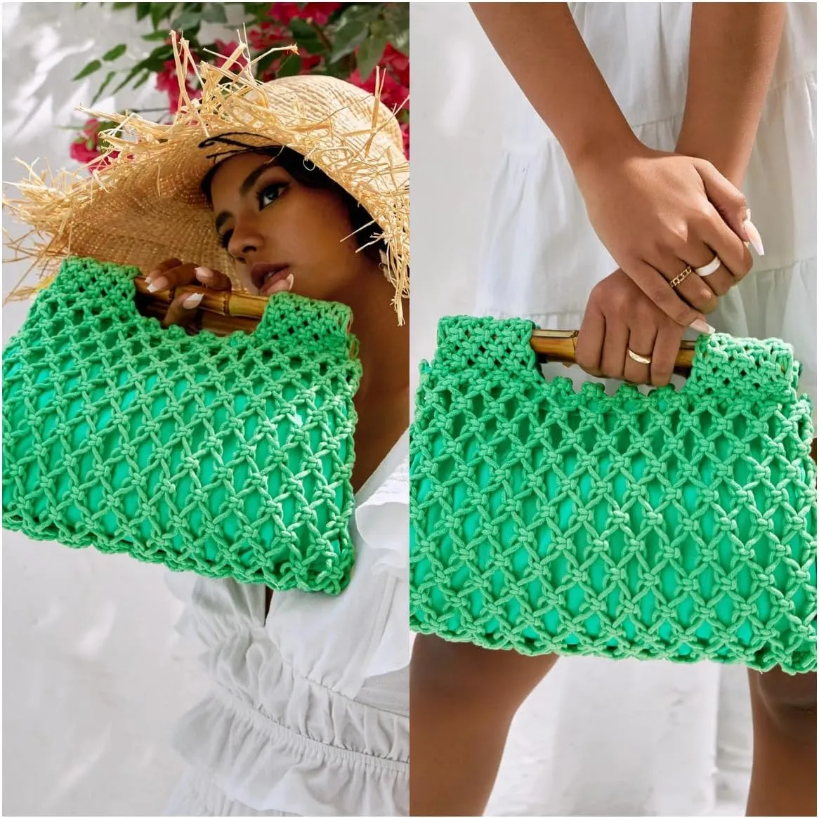 Women Straw Woven Mesh Handbag Bamboo Handbag Trendy Summer Travel Seaside Beach Vacation Totes Bag