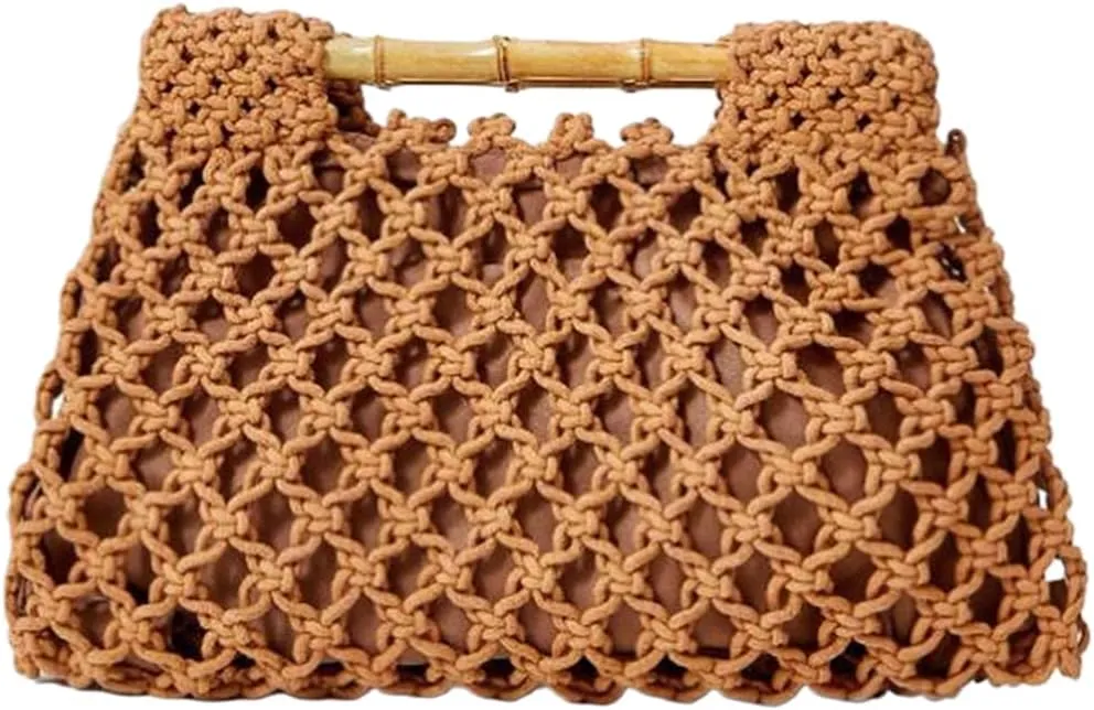 Women Straw Woven Mesh Handbag Bamboo Handbag Trendy Summer Travel Seaside Beach Vacation Totes Bag