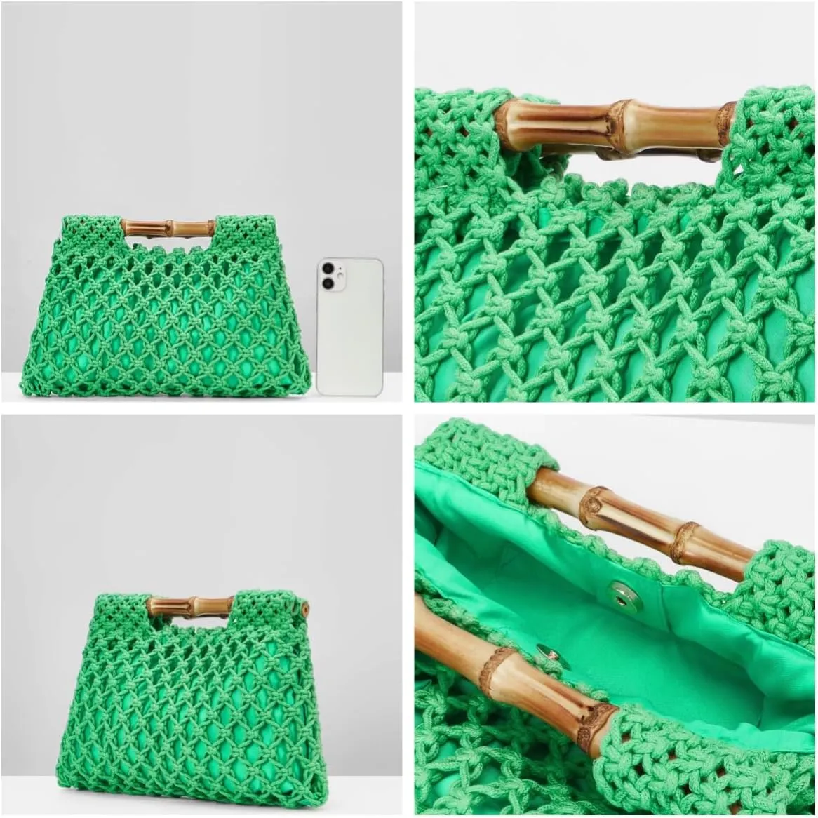 Women Straw Woven Mesh Handbag Bamboo Handbag Trendy Summer Travel Seaside Beach Vacation Totes Bag