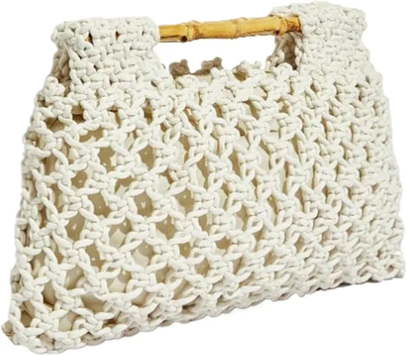 Women Straw Woven Mesh Handbag Bamboo Handbag Trendy Summer Travel Seaside Beach Vacation Totes Bag