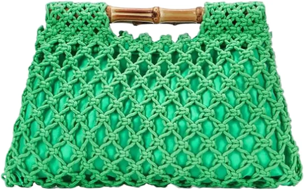 Women Straw Woven Mesh Handbag Bamboo Handbag Trendy Summer Travel Seaside Beach Vacation Totes Bag