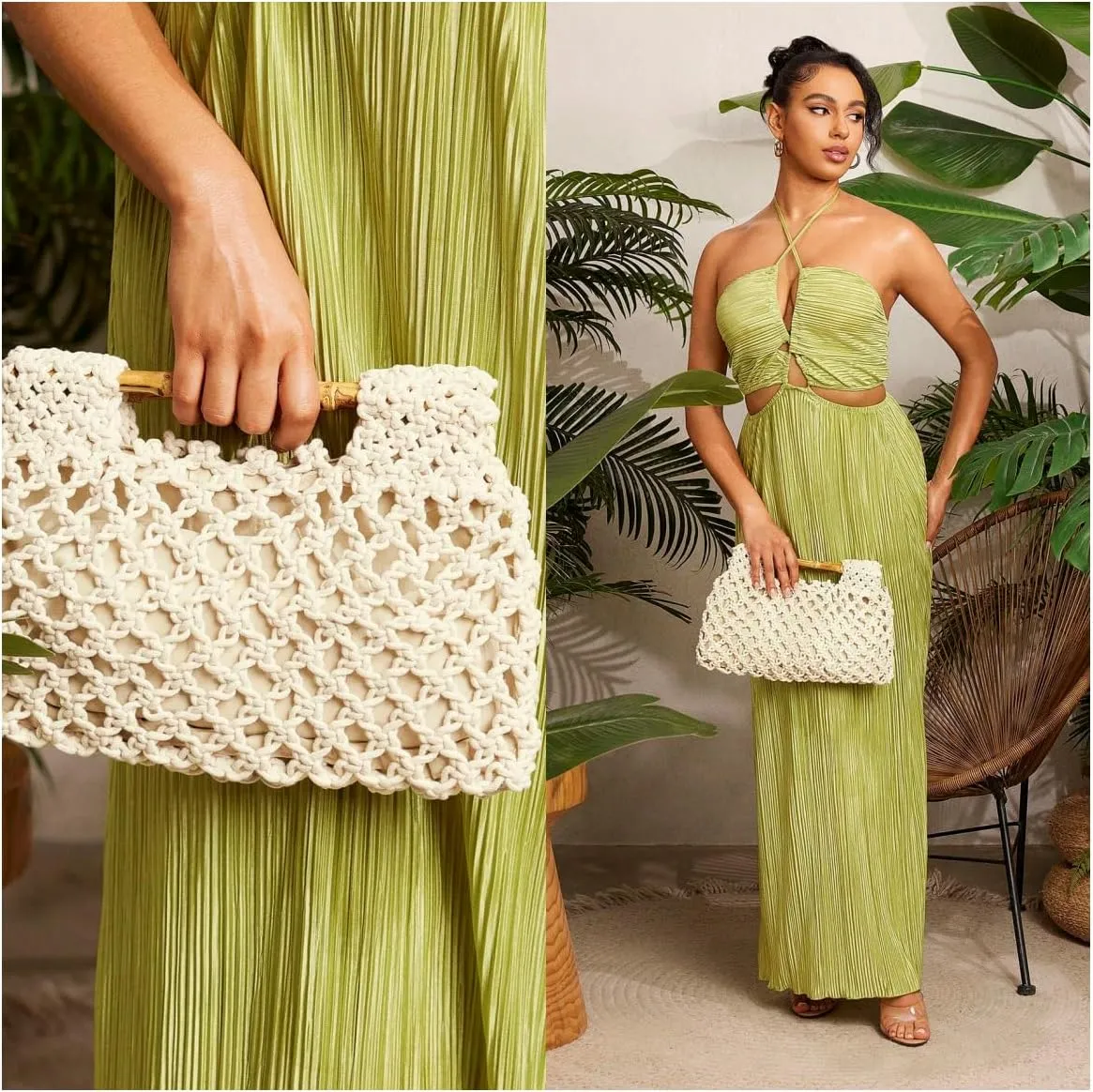 Women Straw Woven Mesh Handbag Bamboo Handbag Trendy Summer Travel Seaside Beach Vacation Totes Bag