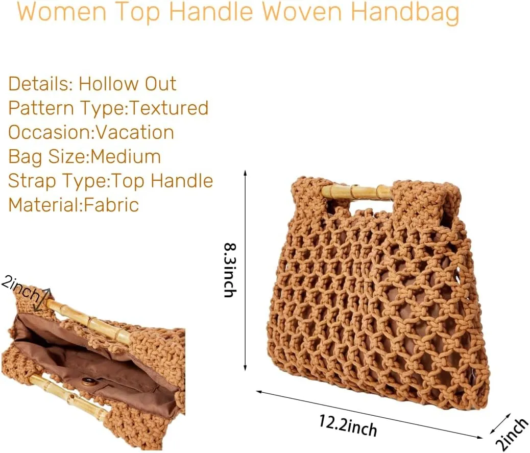 Women Straw Woven Mesh Handbag Bamboo Handbag Trendy Summer Travel Seaside Beach Vacation Totes Bag