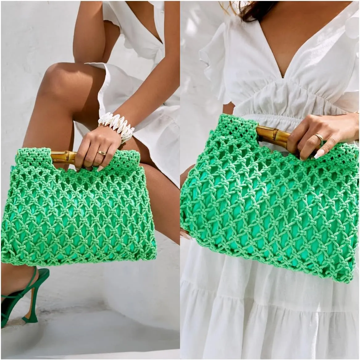 Women Straw Woven Mesh Handbag Bamboo Handbag Trendy Summer Travel Seaside Beach Vacation Totes Bag