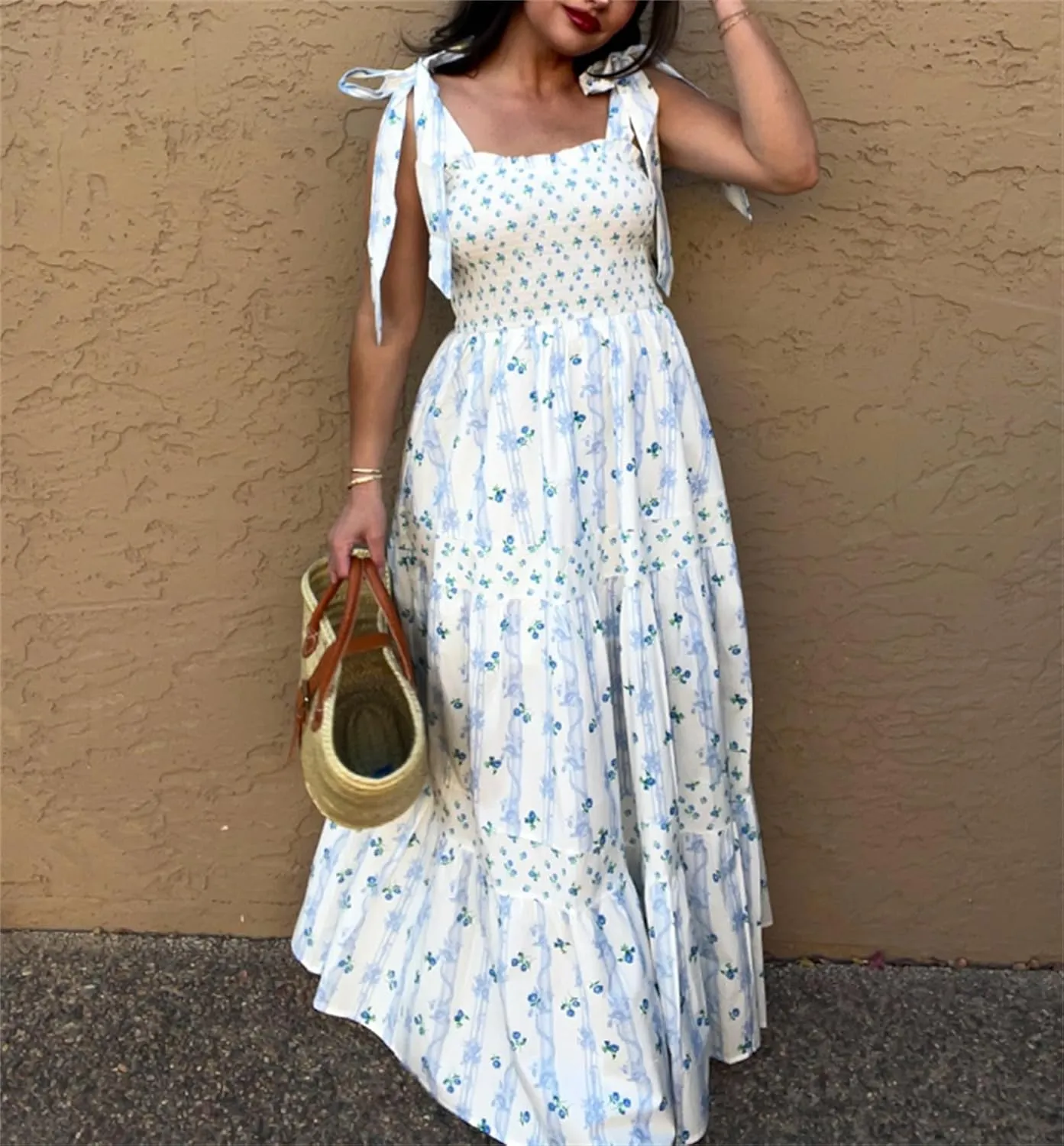 Women Tie Shoulder Boho Floral Maxi Dress Y2k Smocked Flowy Lace Sundress Spaghetti Strap Summer Long Beach Dress