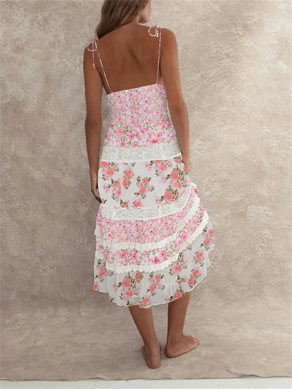 Women Tie Shoulder Boho Floral Maxi Dress Y2k Smocked Flowy Lace Sundress Spaghetti Strap Summer Long Beach Dress